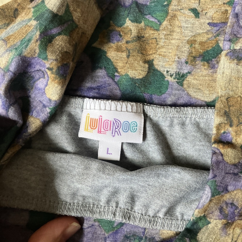 LulaRoe Large Maxi Skirt Foldover Waist Stretch Purple Tan Floral Modest No Slit - Picture 3 of 4